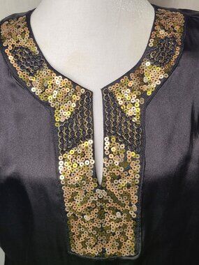 EUC APT 9 Black Satin Sleeveless Top w/ Gold Sequin Collar Embellishment Size L